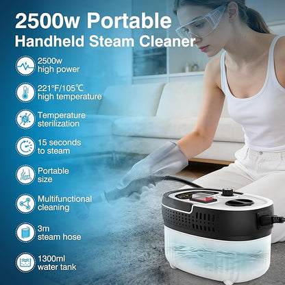 Steam Cleaner for Home & Car Detailing, 2500W High Pressure Portable Steamer with 6-Level Adjustable Steam, 15s Heat-Up, 9.8ft Long Hose, ANSI Z87.1 Goggles, 17-Pcs Kit for Tile, Grout, Hardwood