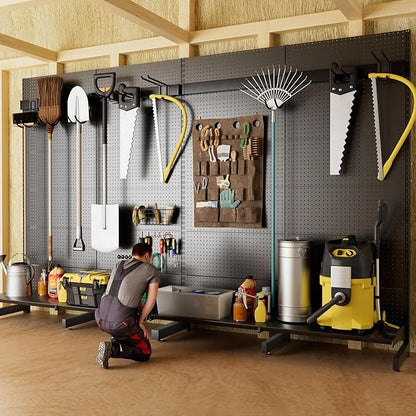 JWX Garage Pegboard Tool Organizer Free Standing, Organizer Storage Rack with 21 Pegboard Storage Set Max 300 lbs Super Heavy Duty Garden Tool Hanger Rack for Ski Gears, Broom, Shovel Yard Tools