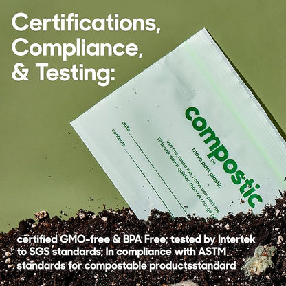 Compostic Compostable Sandwich Bags (60 Count) Starter Pack — Resealable Zip-Seal, Plant-Based, Home Compostable, Freezer & Microwave Safe, BPA-Free, Non-Toxic, GMO-Free Food Storage Bags