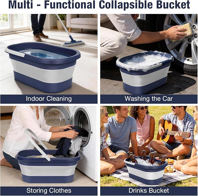 Collapsible Mop Bucket with Handle Portable Silicone Square Wash Bucket for Car Washing Laundry Storage Cleaning Camping Fishing,Space-Saving Plastic Bucket Single Pack
