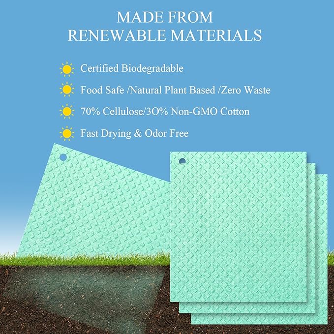 6 Packs Swedish Kitchen Dish Cloths - Reusable Paper Towels for Counters & Dishes - Eco-Friendly Cellulose Sponge Cloth (Green)