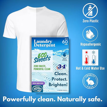 Laundry Detergent Sheets – 60 Eco Laundry Sheets Detergent, Travel Laundry Soap Sheets, Washer Sheets Detergent, Ultra Concentrated, Plastic-Free, Fresh Clean, 60 Sheets