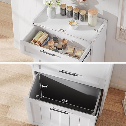 Jocoevol Pull Out Trash Can Cabinet, 2x13 Gallon Hidden Garbage Recycling Bin with Drawer, Freestanding Wooden Kitchen Trash can & Laundry Hamper Cabinet, Pet Proof Waste Bin for Living Room, White