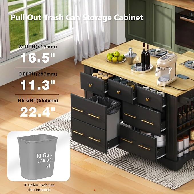 51.2" Kitchen Island with 6 Drawers, Pull Out Trash Can Storage, Rolling Kitchen Island on 5 Wheels with Drop Leaf, Power Outlet, 5 Open Side Racks for Kitchen, Dining Room, Black
