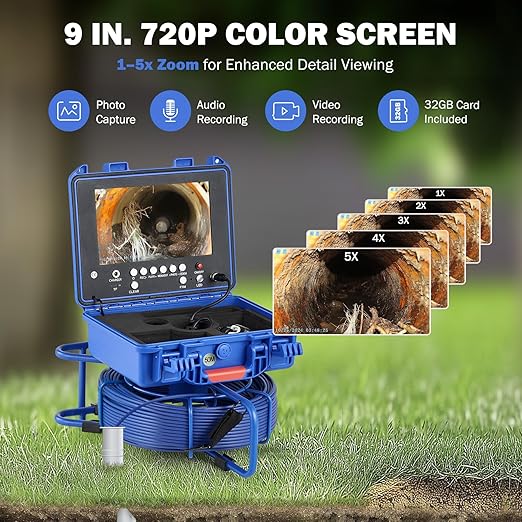 ZELCAN Self-Leveling Sewer Camera with Locator, Drain Camera 165FT with 9 in. LCD Screen, Waterproof IP68 Borescope Plumbing with 12 LED Lights, with 512Hz Transmitter and Receiver(32GB Card)