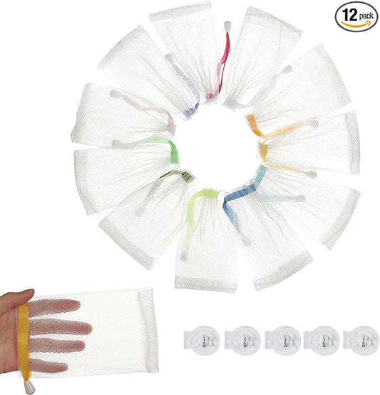 12PCS Exfoliating Soap Mesh Saver Pouch Bag and 5 PCS Transparent Spring Cord Plastic Lock for Shower Face Washing,Easy to Bubble and Store Small Soap (Colorful Drawstring)
