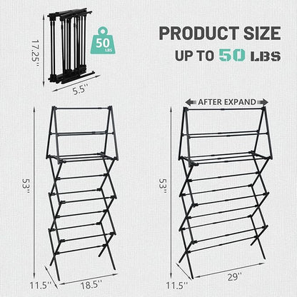 ZOES HOMEWARE 4 Tier Clothes Drying Rack Foldable | Foldable Clothing Drying Rack | Laundry Drying Rack Collapsible for Laundry Room, Dorm, Expandable Sturdy Metal Design | Black 29"L x 11.5"W x 53"H