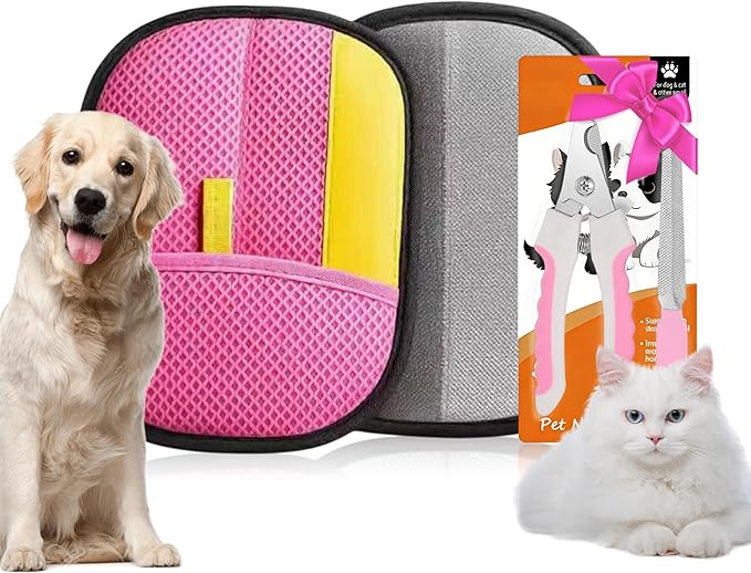 Pet Grooming Glove Set for Dogs & Cats – Premium Pet Hair Removal Glove with Free Nail Clippers & Nail File
