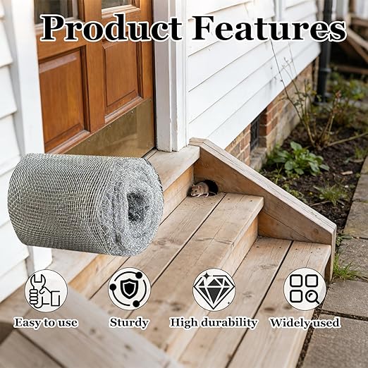 Steel Wool Mice Control, 3 Pack 2.75" x 13FT 0000 Steel Wool for Mice Control & 1 Pack 5" x15FT Stainless Wire Mesh with Wooden Stick & Gloves & Scissors, Hole Filler for House Walls Garden Garage