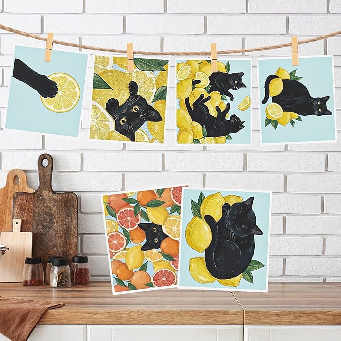 Swedish Dishcloths for Kitchen, 6 Pack Lemon and Balck Cat Reusable Dish Paper Hand Towels Housewarming Gifts, Summer Absorbent Dish Rags for Home Cooking Cleaning
