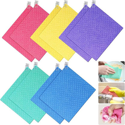 10 Pack Swedish Dishcloths, Reusable Cellulose Sponge Cloths with Adhesive Clips, Swedish Dish Paper Towels No Odor for Cleaning Home Kitchen