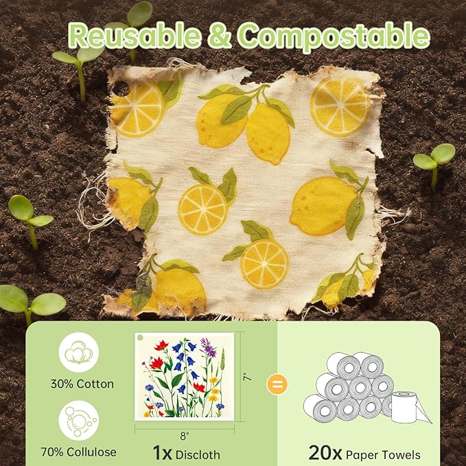 Swedish Dishcloths for Kitchen, 5 Pack Floral Flowers Reusable Paper Towels with 3 Hooks, Washable Dish Cloth Set, Absorbent Cleaning Cloth for Washing Dishes Housewarming Gifts for Friend