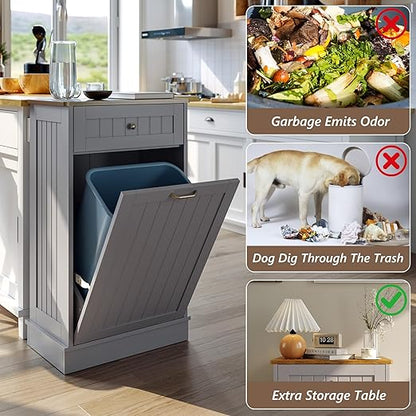 LOUVIXA Tilt Out Trash Can Cabinet, Hidden Trash Cabinet with Drawer, Wooden Dog Proof Trash Can Holder, Tilt Out Laundry Hamper, Garbage Can Holder (Gray)
