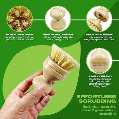 JuneLily Short Sisal Dish Brush Plant-Based for Kitchen Bathroom Cleaning Produce Washing Dishes (Short Dish Brush)