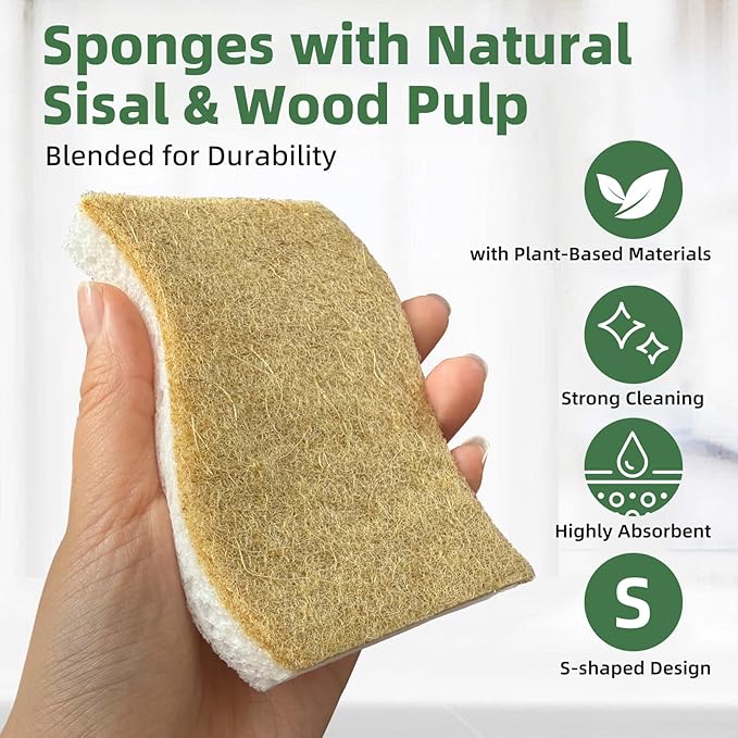 Kitchen Cleaning Sponges, Natural Cellulose Dish Sponge with Coconut Fiber Scrubber for Dishes, Pots and Pans, Eco Friendly Household Cleaning Sponge, 12 Pack