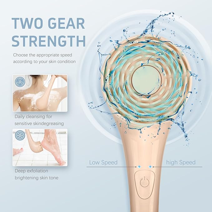 ZOFGENOW Electric Body Brush, Waterproof Back Scrubber for Shower with Long Handle and 3 Heads, Rechargeable Exfoliating Brush for Body and Foot, Deep Cleansing Massager, Pink