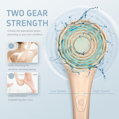 ZOFGENOW Electric Body Brush, Waterproof Back Scrubber for Shower with Long Handle and 3 Heads, Rechargeable Exfoliating Brush for Body and Foot, Deep Cleansing Massager, Pink