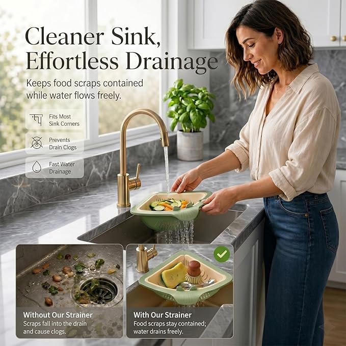 Magnetic Drainage & Filter Basket, Triangular Sink Strainer with Twist-Open Bottom, triangular drain magnetic basket, corner sink strainer for food scraps (White And Green Interwoven)
