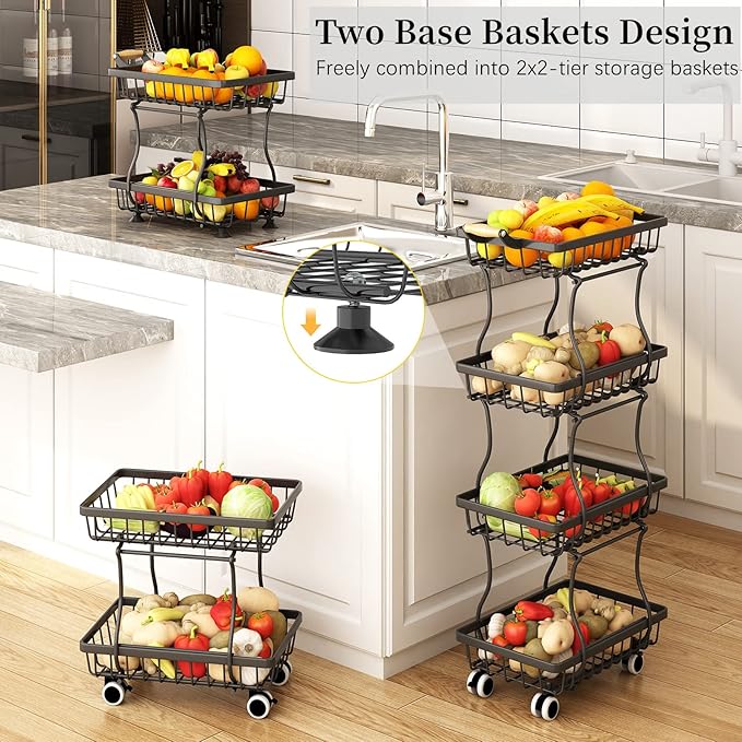 CHLORYARD 4 Tier Slim Fruit Basket for Kitchen, Stackable Metal Wire Fruit Vegetable Storage Baskets Organizer Stand on Wheels, Produce Basket Potato Onion Storage Bins Rack for Pantry. (Black)