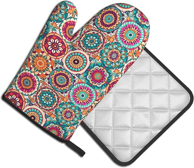 Boho Oven Mitts and Pot Holders - Mexican Flower Kitchen Mitt Sets of 2 Bohemian Oven Gloves Hot Pads for Cooking Baking Grilling