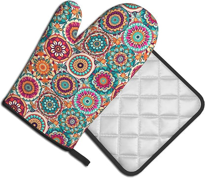 Boho Oven Mitts and Pot Holders - Mexican Flower Kitchen Mitt Sets of 2 Bohemian Oven Gloves Hot Pads for Cooking Baking Grilling