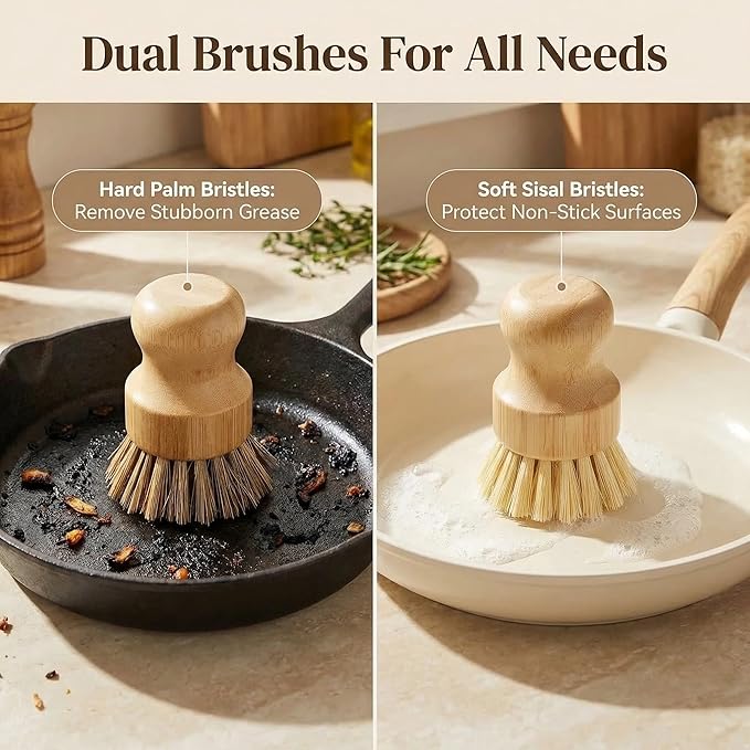Bamboo Dish Brush Set – Natural Bamboo Brush with Sisal & Palm Bristles for Non-Stick Cookware, Pots, Vegetables, and Kitchen Cleaning - Eco-Friendly Vegetable Brush（2PCS）