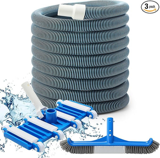 3 Pcs Pool Cleaning Kit Swimming Pool Vacuum Head Hoses 1-1/2" x 30ft with Swivel Wheel Vacuum Head and 14 '' Brush for Inground & Above Ground Pools Spas Ponds Cleaning Manual(Wheel)