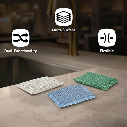 Restaurantware Scouring Pad 60 Count 5.5 x 3.9 Inches Plastic Steel Wool Sponge Metal Scrubber Durable Odor Free Scrubber Multi-Color Blue+Beige+Green Household Cleaning Sponge