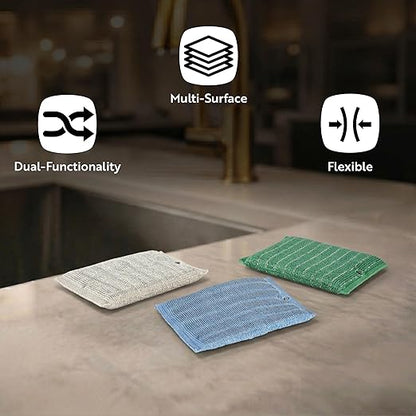 Restaurantware Scouring Pad 3 Count 5.5 x 3.9 Inches Plastic Steel Wool Sponge Metal Scrubber Durable Odor Free Scrubber Multi-Color Blue+Beige+Green Household Cleaning Sponge