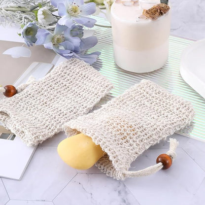 2PCS Soap Saver Bag, Sisal Exfoliating Soap Pouch, Natural Cotton-Linen Exfoliating Net Pouch with Drawstring, Foaming and Drying Exfoliating-Mesh Pouches for Bath and Shower (13x8.5cm, Beige)