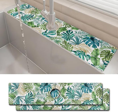 2PCS 24" X 5.5" Kitchen Sink Splash Guard Faucet Mat Leaf Super Absorbent Fast Drying Faucet Guard & Draining Mat Sink Splash Guard Behind Faucet for Kitchen, Bathroom