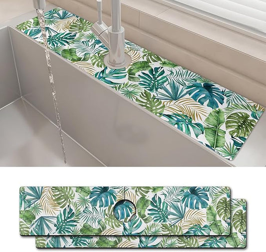 2PCS 24" X 5.5" Kitchen Sink Splash Guard Faucet Mat Leaf Super Absorbent Fast Drying Faucet Guard & Draining Mat Sink Splash Guard Behind Faucet for Kitchen, Bathroom