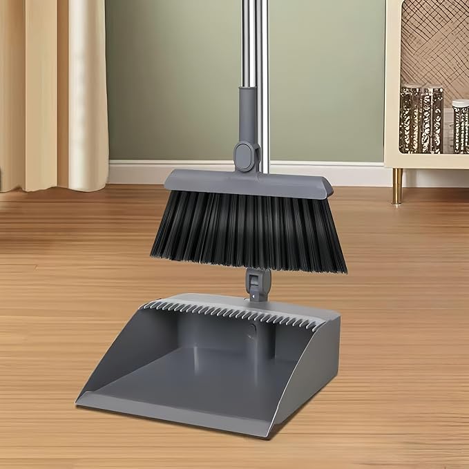 2-in-1 Broom with Dustpan Combo Set,Long Handle Broom Dustpan Combo with Dustpan Teeth to Automatically Clean Hair for Home, Indoor or Outdoor Cleaning Hall Floor (Gray)