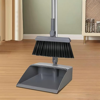 2-in-1 Broom with Dustpan Combo Set,Long Handle Broom Dustpan Combo with Dustpan Teeth to Automatically Clean Hair for Home, Indoor or Outdoor Cleaning Hall Floor (Gray)