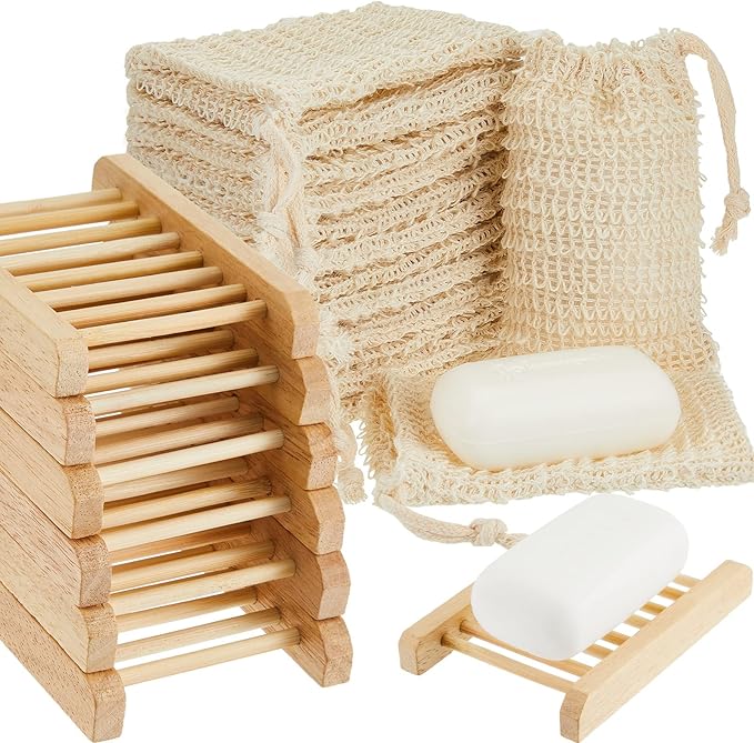 40 Pack Soap Exfoliating Bag Holder Set with 30 Pieces Mesh Sisal Soap Saver Bag Pouch and 10 Pieces Bamboo Wood Holder for Bath and Shower Use
