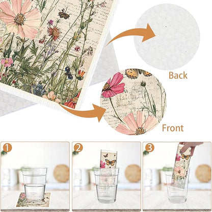 Vintage Floral Swedish Dishcloths for Kitchen 6PCS Floral Swedish Cloths for Washing Dishes Reusable Retro Wildflower Themed Washable Kitchen Towels Sponge Cloths for Home Party Cleaning