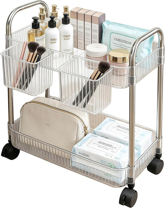 2 Tier Utility Rolling Cart with Wheels Sofa Side Table Small Under Desk Storage Organizer, Clear Acrylic Plastic Mobile Trolley Organization Storage Cart for Kitchen Pantry Bathroom Vanity