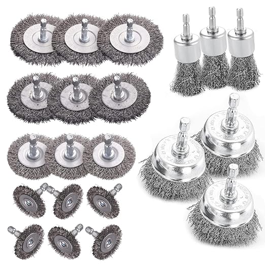 Double Elite Wire Brush for Drill Set 21 Pcs, Abrasive Wire Wheel for Drill 1/4 Inch Hex Shank, Drill Wire Brush Coarse Crimped Carbon Steel, Wire Brush Drill Attachments