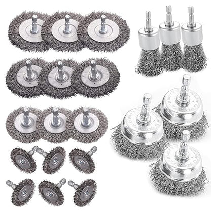 Double Elite Wire Brush for Drill Set 21 Pcs, Abrasive Wire Wheel for Drill 1/4 Inch Hex Shank, Drill Wire Brush Coarse Crimped Carbon Steel, Wire Brush Drill Attachments