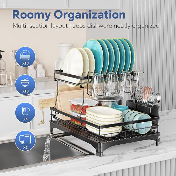 Simple Trending Dish Drying Rack, Stainless Steel Dish Racks for Kitchen Counter, Large Capacity 2-Tier Dish Drainer Organizer with Utensil Holder, Black