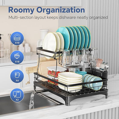 Simple Trending Dish Drying Rack, Stainless Steel Dish Racks for Kitchen Counter, Large Capacity 2-Tier Dish Drainer Organizer with Utensil Holder, Black