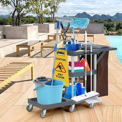 Commercial 3-Shelf Janitorial Cart with 2 Cabinets/Shelves, Commercial Traditional Wheeled Cleaning Cart with Cover and Oxford Bag, 300 Lb Capacity, Suitable for Schools, Hotels, Apartments
