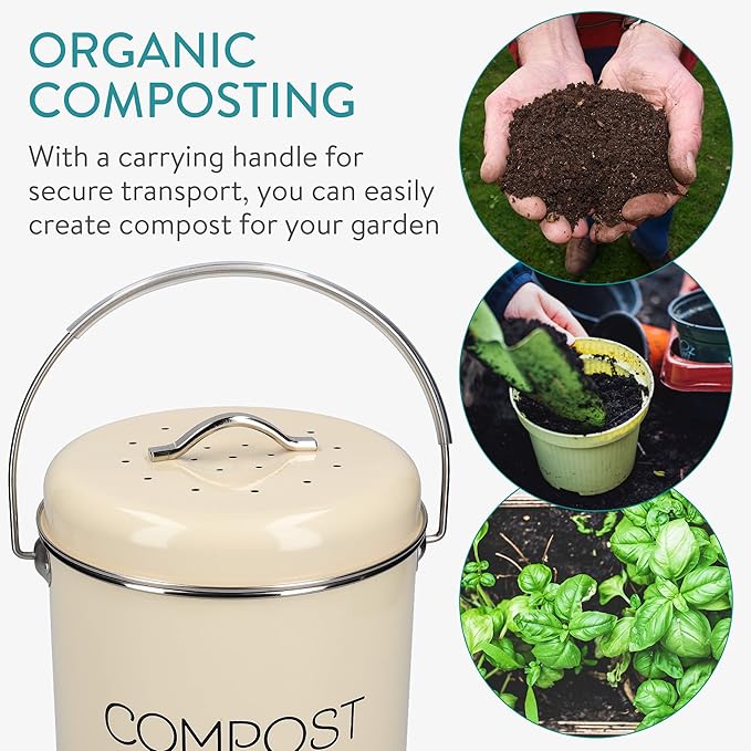 Navaris Compost Bin for Kitchen Counter - 0.8 Gallon (3L) Metal Countertop Indoor Composter Bucket with Charcoal Filters and Lid - Cream, Size Small
