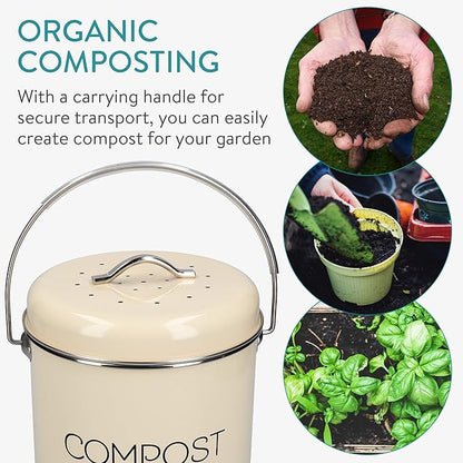 Navaris Compost Bin for Kitchen Counter - 0.8 Gallon (3L) Metal Countertop Indoor Composter Bucket with Charcoal Filters and Lid - Cream, Size Small