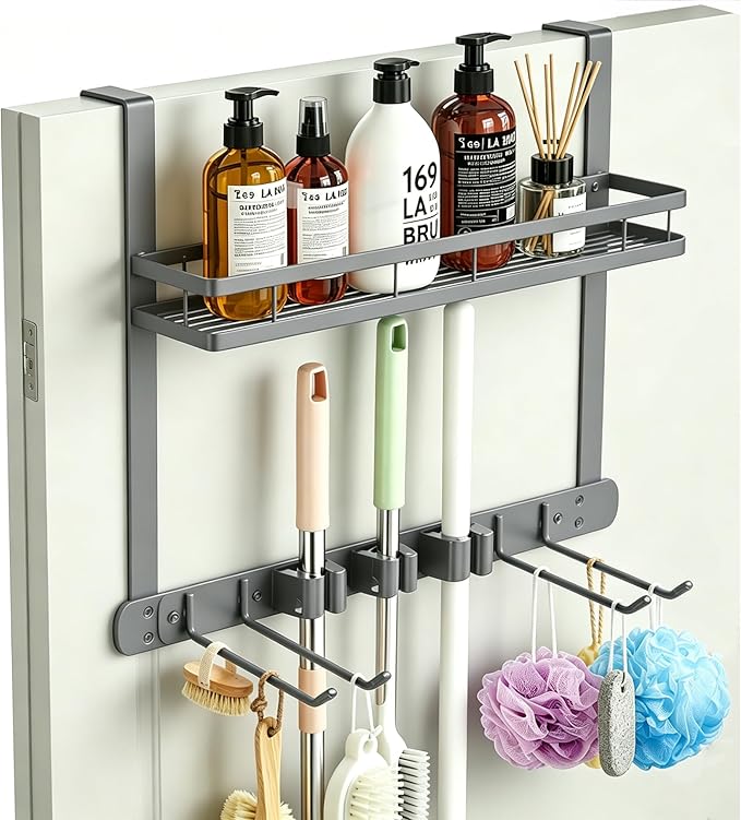 Broom Holder Door Mount,Door Mounted Broom and Mop Holder with Dual Tool Hooks, Three Slots, and One Tool Storage Basket For Laundry Room, Garage, Closet, warehouse, Kitchen Decor (grey)