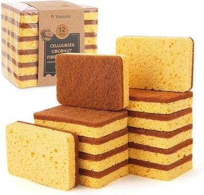 Yocada Cellulose Sponge 12 Pack Biodegradable Natural Kitchen Sponge Dual-Action Cleaning Sponge Compostable Cellulose and Coconut Walnut Non-Scratch Scrubber Sponge for Dishes Pans Pots
