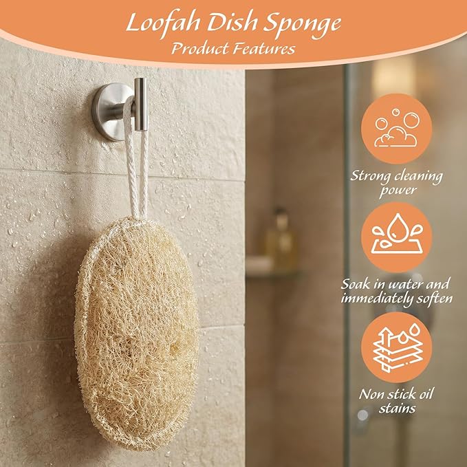 3 Pcs Natural Loofah Dish Sponge, 12X8 CM Loofah Kitchen Sponge, Oval Shape Loofah Sponge for Dishes, Eco Friendly for Non-Stick Cookware and Kitchen Deep Cleaning