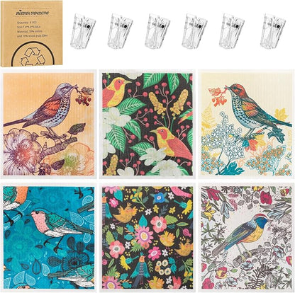 Needbrock 6 Pack Swedish Dishcloths for Kitchen, Swedish Rags Absorbent Retro Bird Dish Cloths Dish Towels with Adhesive Clips, Reusable Paper Towels No Odor for Countertop Dishes Kitchen