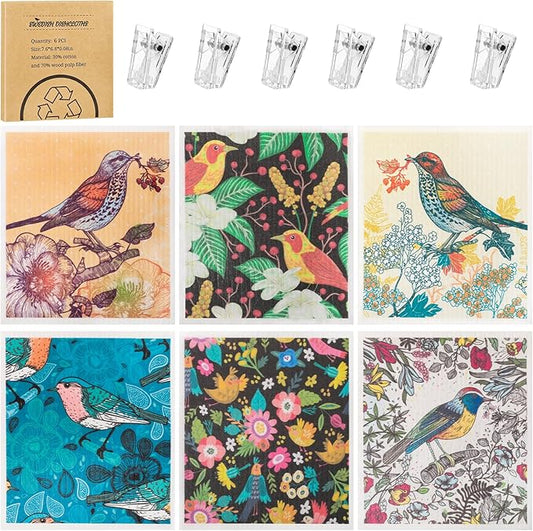 Needbrock 6 Pack Swedish Dishcloths for Kitchen, Swedish Rags Absorbent Retro Bird Dish Cloths Dish Towels with Adhesive Clips, Reusable Paper Towels No Odor for Countertop Dishes Kitchen