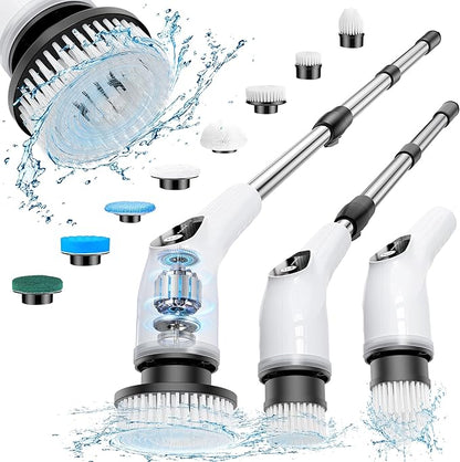 Electric Spin Scrubber, Cordless Cleaning Brush with 8 Replaceable Heads, Five-Speed Power Scrubber with Adjustable Handle for Bathroom, Tub, Floor, Tile & Car – Clean Without Bending